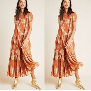 Anthropologie Jocasta Tiered Maxi‎ Dress gold Metallic Midi XSP XS petite